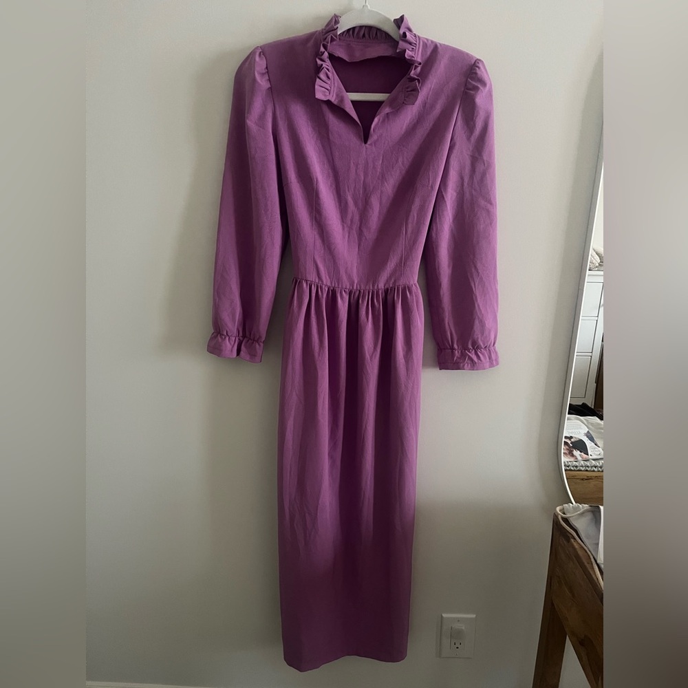 Lilac vintage style lilac dress with ruffle neck detail